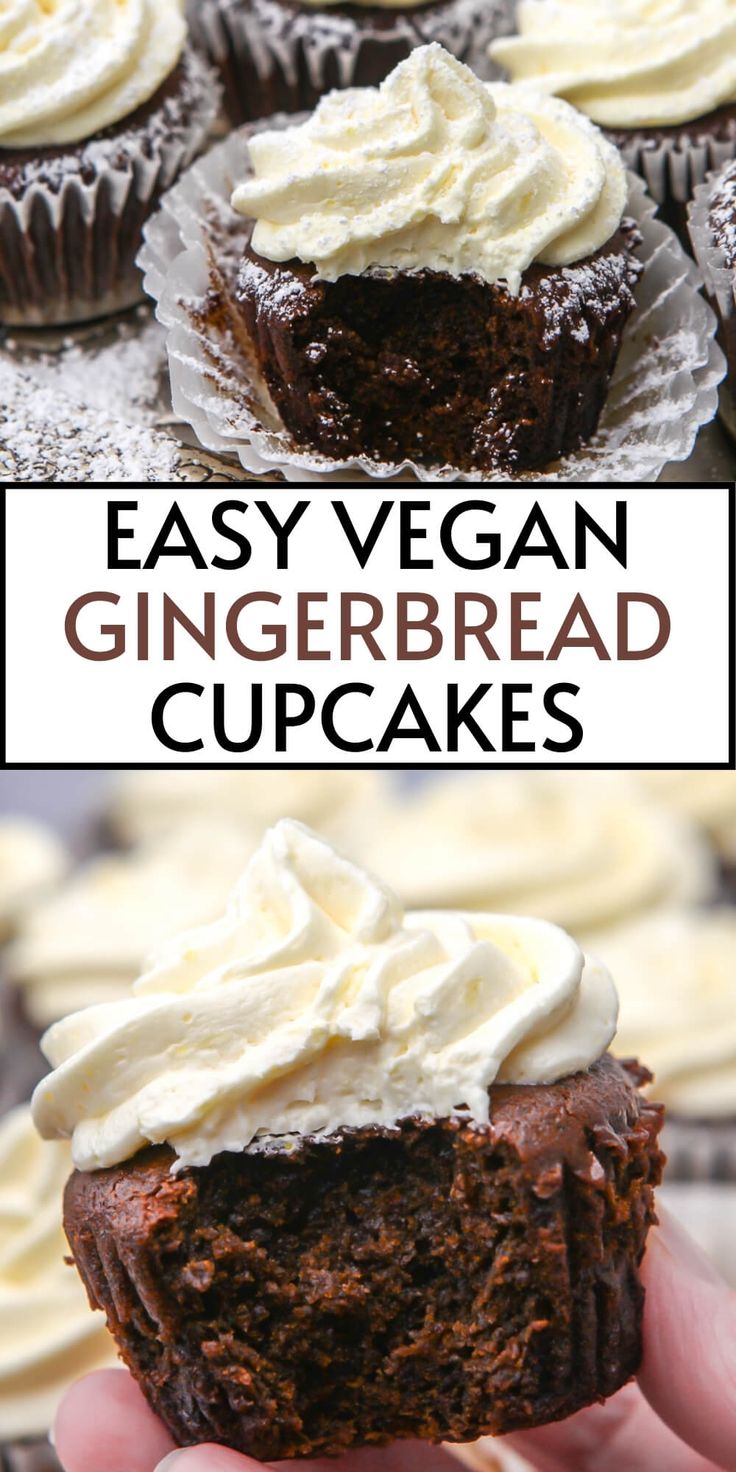 a person holding up a chocolate cupcake with cream frosting on top and the words easy vegan gingerbread cupcakes above it