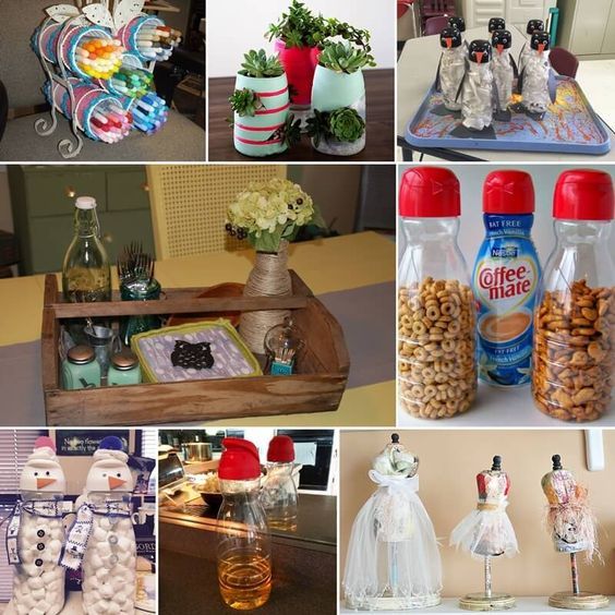 there are many different items in this collage, including jars and bottles with food inside them