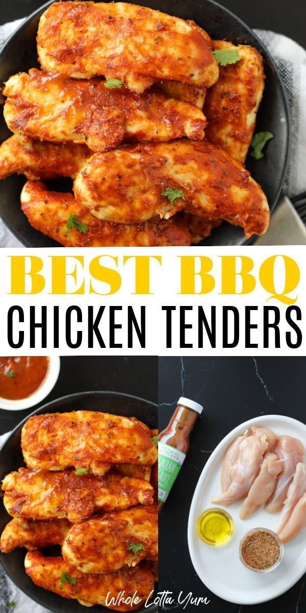 the best bbq chicken tenders recipe is shown in three different pictures, with text overlay