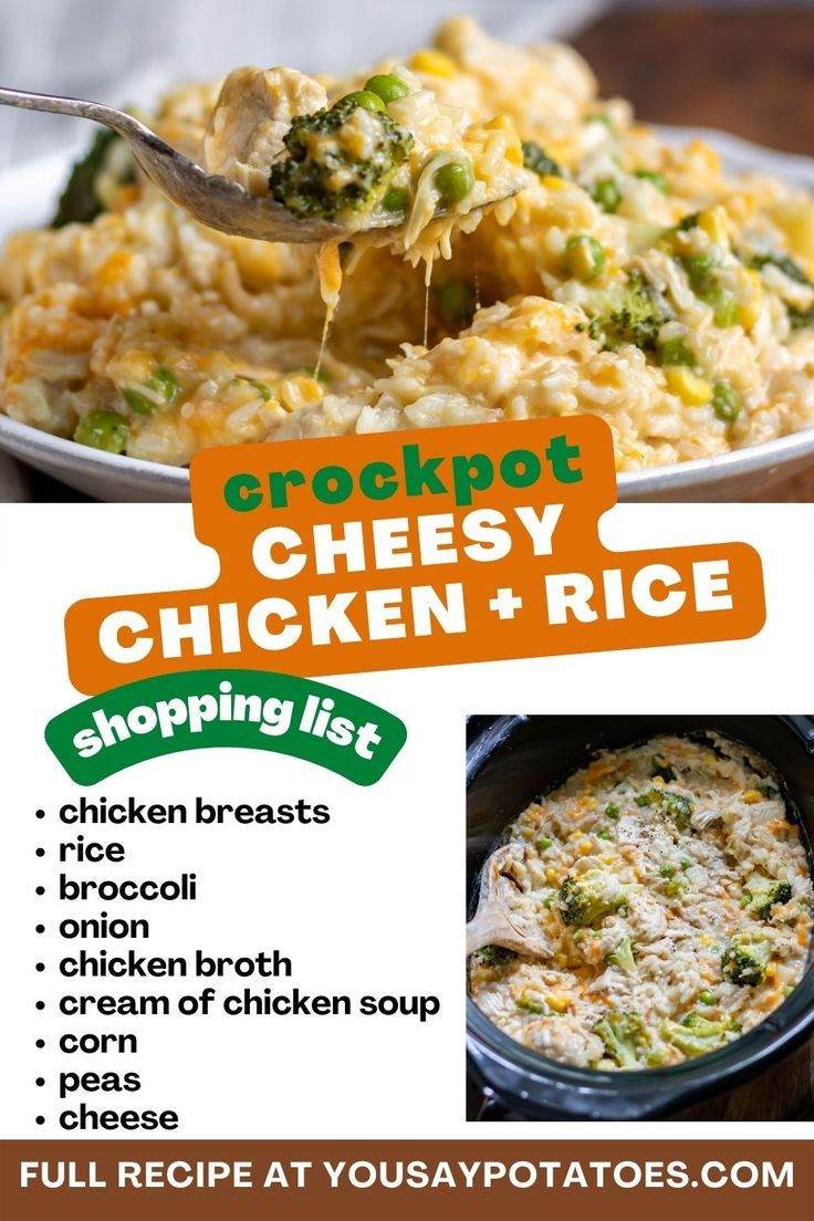 an advertisement for crockpot cheesy chicken and rice