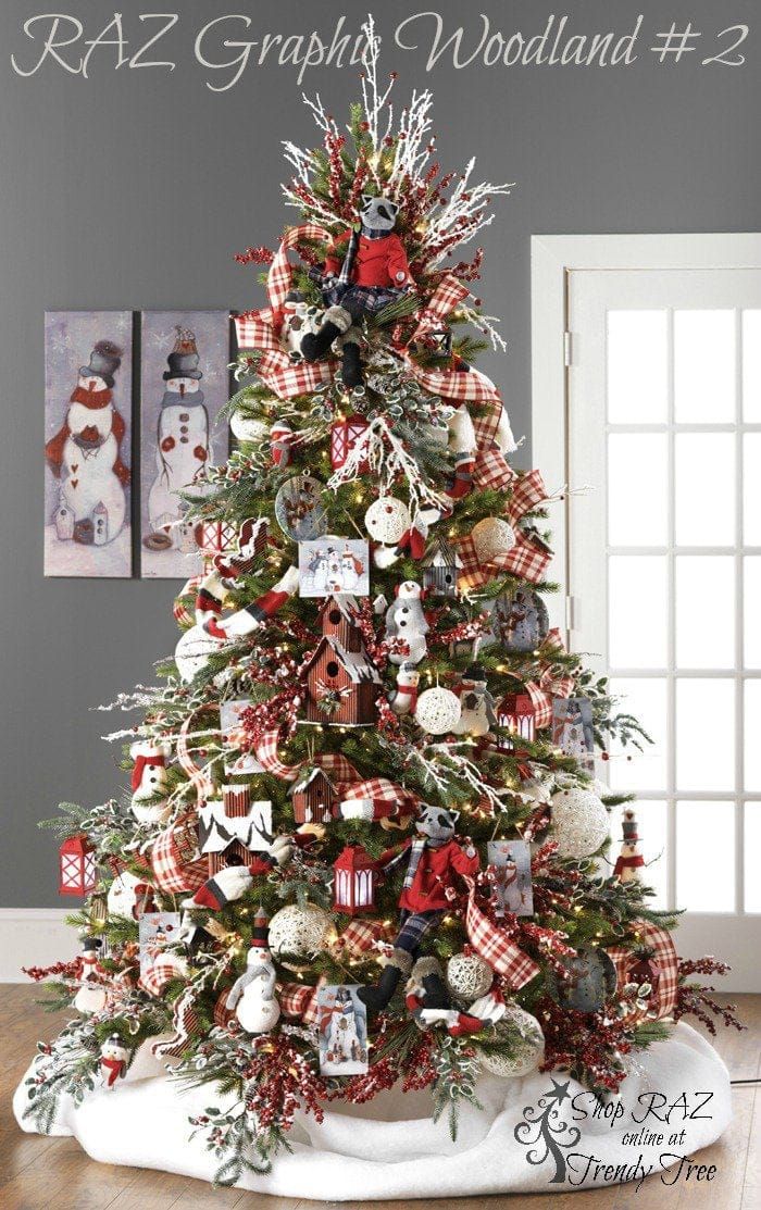 a christmas tree decorated with ornaments and bows