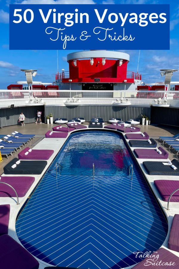 a pool with purple chairs around it and the words 50 virginn voyages tips & tricks