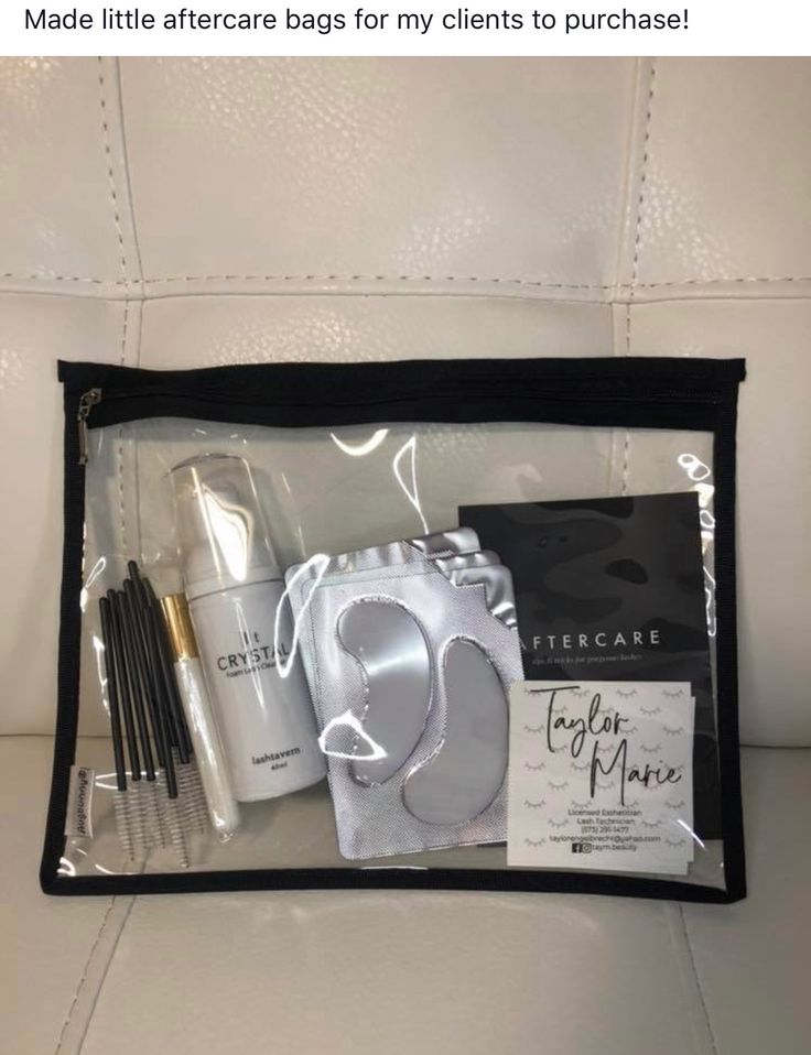 Lash Room Accessories, Lash Tech Work Outfit, Permanent Makeup Aftercare Kit, Esthetician Gift Bag Ideas, Lash Tech Gift Bags, Lash Extension Goodie Bag Ideas, Lash Bags For Clients, After Care Lash Kits, Lash Client Gifts