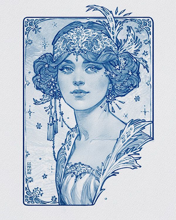 a blue drawing of a woman with flowers in her hair and an ornate headdress