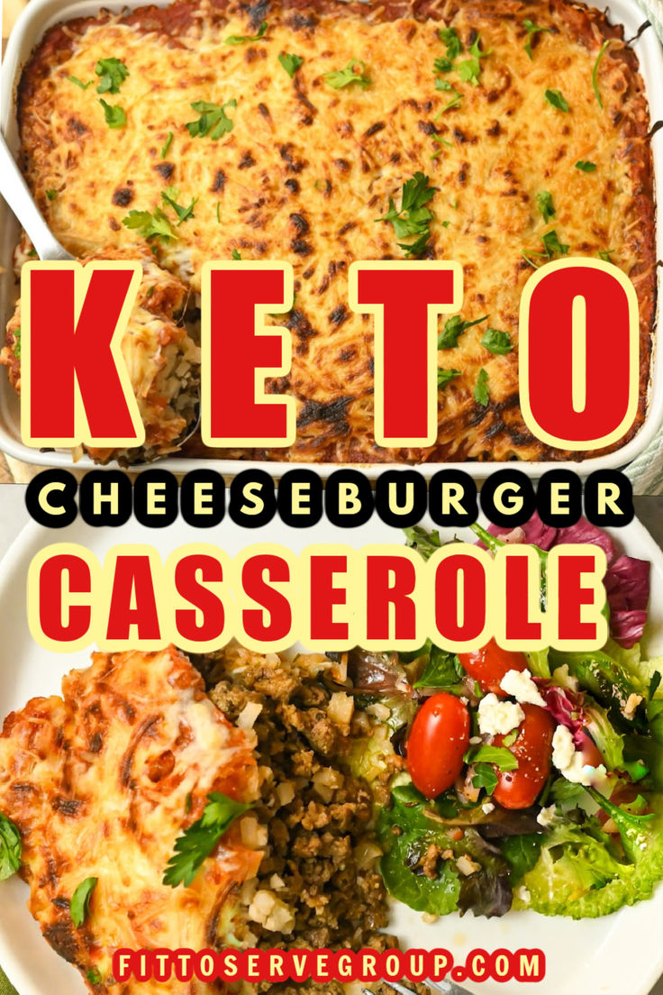 the keto cheeseburger casserole is served on a plate with salad