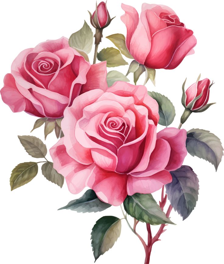 three pink roses with green leaves and buds on a white background, watercolor painting