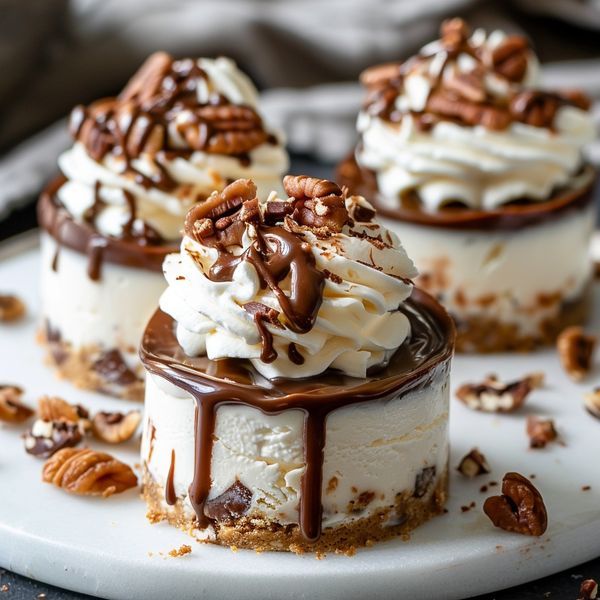 three desserts on a white plate with pecans and chocolate drizzled