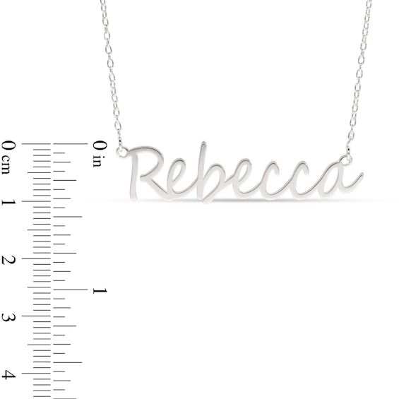 Your look isn't complete without this elegant personalized necklace. Crafted in sterling silver, this style features your name - from two to eight characters in length - sculpted in a cursive script font. Polished to a bright shine, this design suspends centered along a 16.0-inch rolo chain that secures with a spring-ring clasp. Customizable Sterling Silver Signature Necklace, Customizable Signature Sterling Silver Necklace, Signature Sterling Silver Name Necklace For Anniversary, Signature Sterling Silver Name Necklace, Adjustable Sterling Silver Initials Name Necklace, Silver Initials Nameplate Custom Necklace, Elegant Adjustable Name Necklace With Custom Name, Signature Silver Name Necklace, Mother's Day Sterling Silver Signature Name Necklace