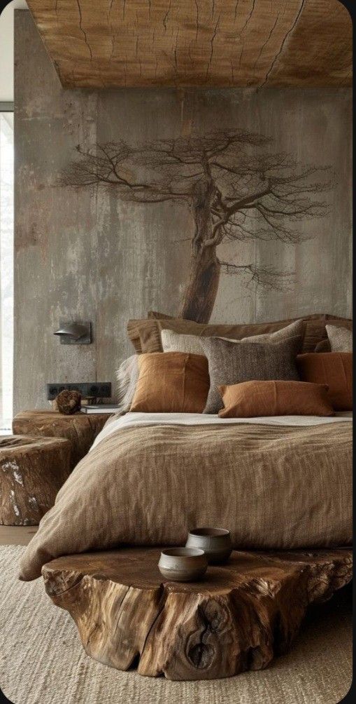 a large bed sitting under a tree in a bedroom