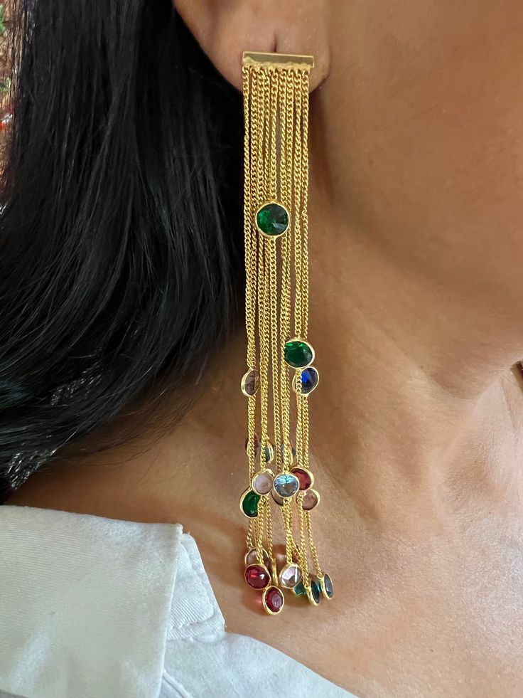 Bollywood Style Long Danglers ♥️ One of a kind. Handcrafted in brass with gold plating and beautiful stones. Pick them up and make a bold stunning statement! Length of earrings: 13 cm. Width of earrings: 2 cm. Weight per pair: 18 grams. Elephant Bangle, Stone Necklace Set, Elephant Earrings, Indian Earrings, Stylish Earring, Gemstone Studs, Lovely Earrings, Brass Earrings, Elegant Earrings