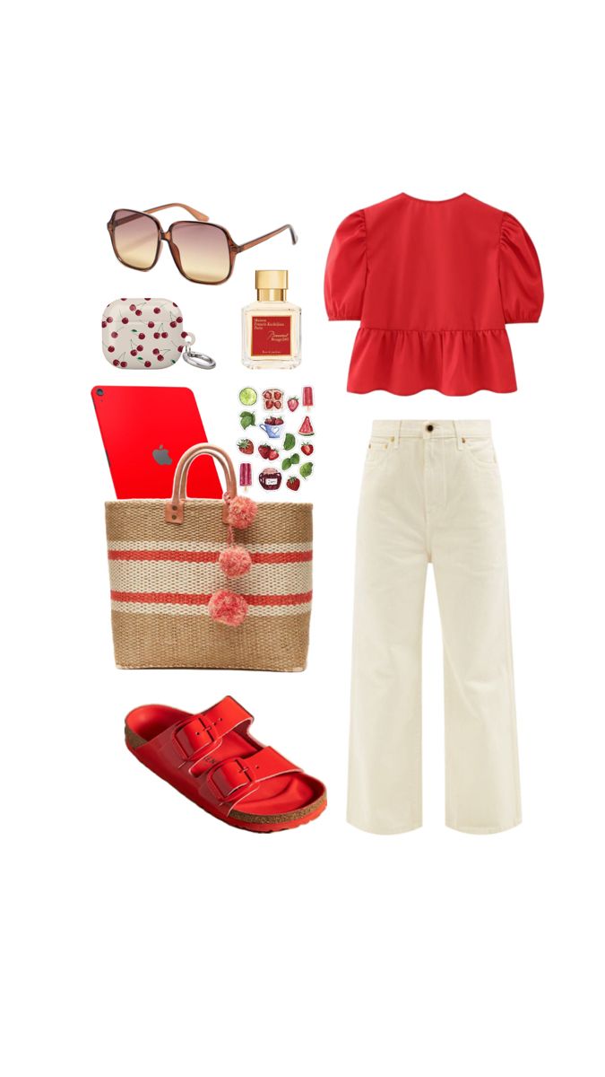 Trendy style, red outfit, red blouse, white jeans, white pants, trendy summer bag, red Birkenstock, fashion ideas, trendy style Red Birkenstock Outfit, Birkenstock Fashion, Red Birkenstock, Unique Outfit Ideas, Maroon Leather Jacket, Outfit Ideas 2024, Outfits Gorditas, Birkenstock Outfit, Unique Looks