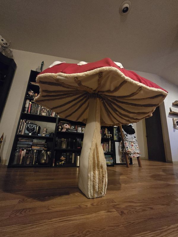 a mushroom like object is sitting on the floor in front of a bookshelf