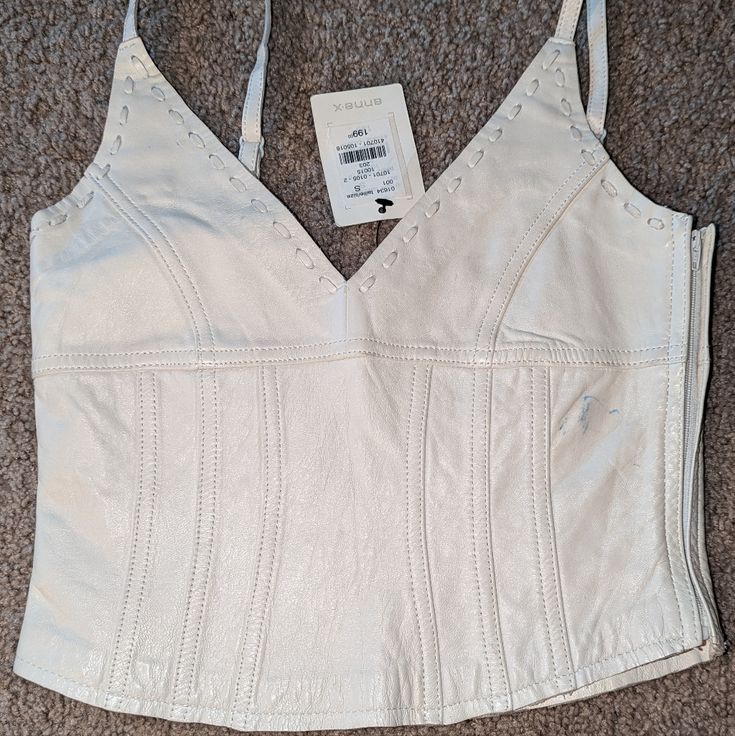 Vintage Anne-X White Soft Leather Halter/Crop Top, New With Tags, Never Worn. Zips Up On Left Side. Size Small (Small Ink Pen Mark On Left Side, Easily Covered With Leather Paint) Fitted Leather Crop Top, Chic Leather Tops For Summer, Leather Halter, Leather Paint, Halter Crop Top, Ink Pen, Halter Top, Soft Leather, Crop Top