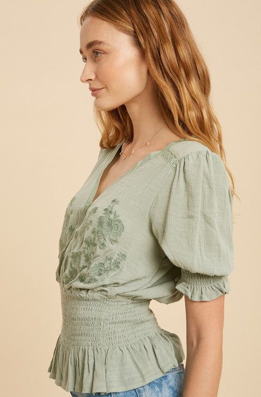 We hear neutrals are in and not going anywhere! Here's a flirty twist on your favorite neutral color. This gorgeous tone on tone embroidered top features a Lace trim, V-neck neckline, Lace inset accents, & smocked waist and sleeves. Specifications: 100% Rayon - Lining 100% Polyester Lace 100% Cotton Smocked waist Smocked and bubble short sleeves Lace trim Tone on tone Embroidery Color: Sand Sizing: Small - Bust 34"-35" Waist 27"-29" Hips 36"-38" Medium- Bust 36"-39" Waist 30"-32" Hips 39"-41" La Cheap Green Tops With Smocked Bodice, Chic Smocked Blouse, Cheap Chic Smocked Blouse, Chic Smocked Top For Spring, Affordable Cotton Smocked Top With Floral Print, Cheap Cotton Smocked Top With Floral Print, Cheap Chic Smocked Top For Beach, Chic Stretch Smocked Top Affordable, Cheap Spring Blouse With Smocked Back