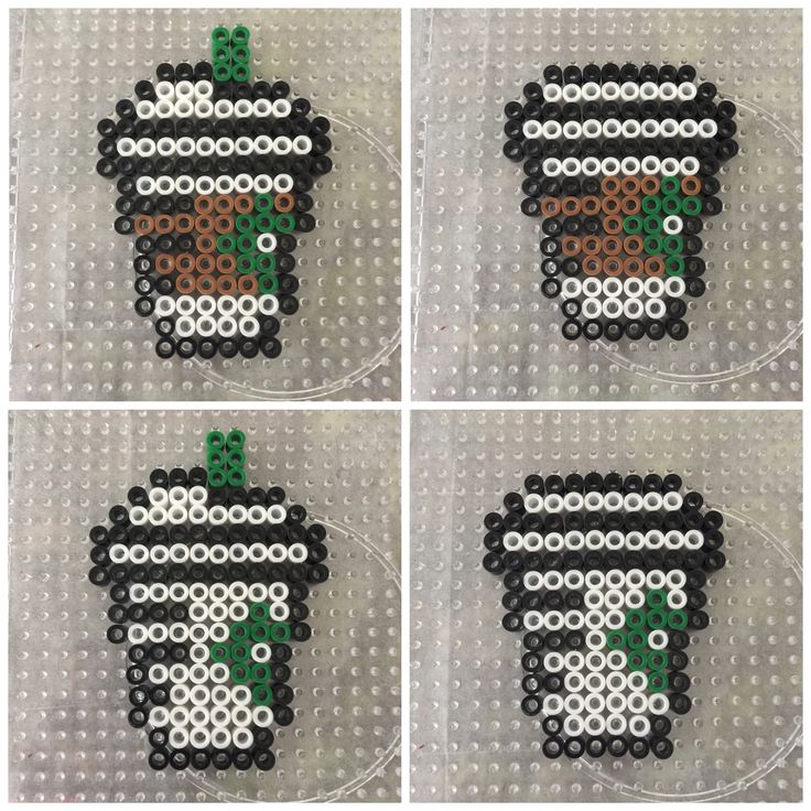 four pictures of an apple made out of beads