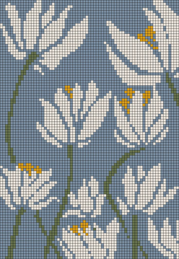 a cross stitch pattern with white flowers and green stems on a blue background that has yellow centers