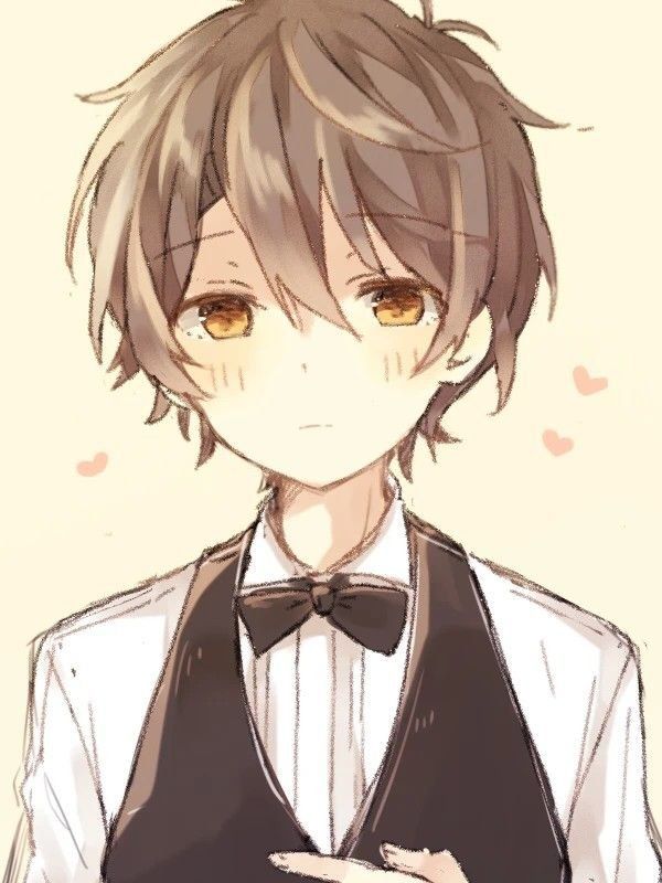 an anime character wearing a vest and bow tie with his hand on his chest,