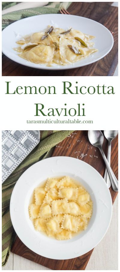 lemon ricotta ravioli in a white bowl on a wooden table