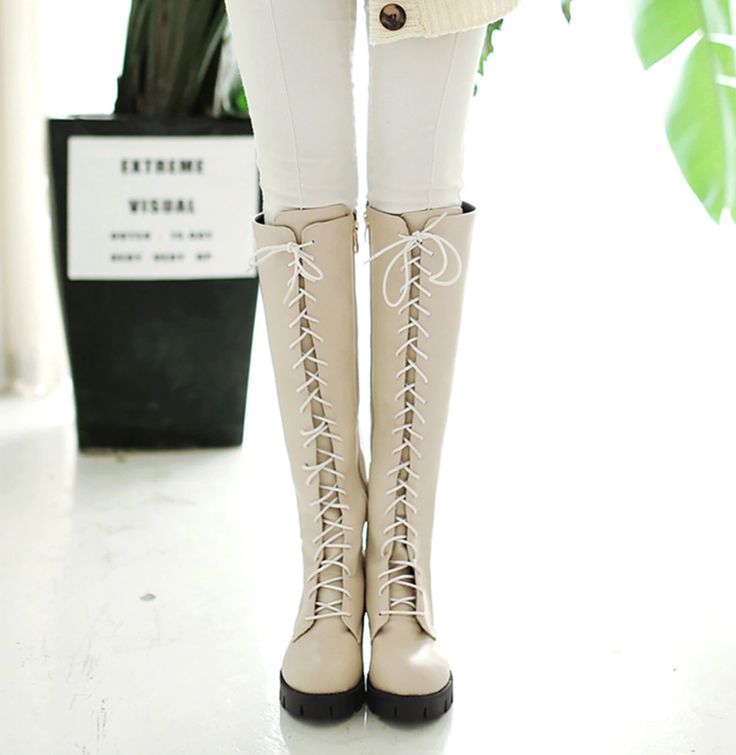 Department Name: Adult Item Type: Boots Insole Material: Short Plush With Platforms: Yes Outsole Material: Rubber Platform Height: 0-3cm is_handmade: Yes Boot Height: Knee-High Heel Type: Square heel Heel Height: High (5cm-8cm) Closure Type: Lace-Up Toe Shape: Round Toe Upper Material: PU Fashion Element: Platform Season: Spring/Autumn Lining Material: Short Plush Boot Type: Basic Pattern Type: Solid Heel Height: 7cm women boots: knee high boots women Leather Style: Soft Leather Platform Height: Trendy Beige Lace-up Boots With Round Toe, Trendy Beige Knee-high Boots With Round Toe, Cream Platform Boots With Round Toe For Winter, Cream Round Toe Platform Boots For Winter, Beige Wide Calf Knee-high Boots With Round Toe, White Knee-high Boots With Round Toe For Winter, Beige Leather Knee-high Winter Boots, Winter Cream Leather Mid-calf Boots, Spring Faux Leather Knee-high Boots With Round Toe