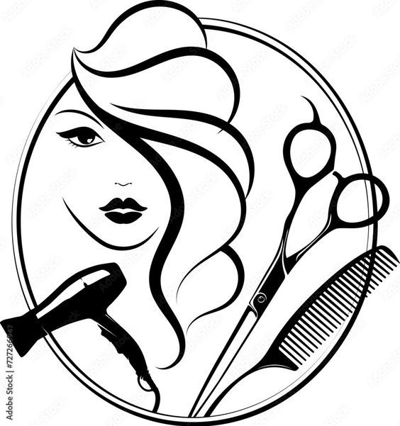 a woman's face with scissors and combs in the shape of a circle