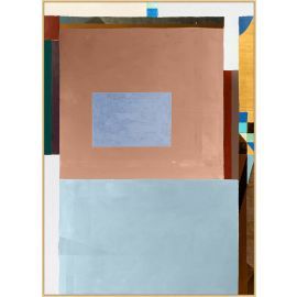 an abstract painting with blue, pink and brown squares on the bottom half of it