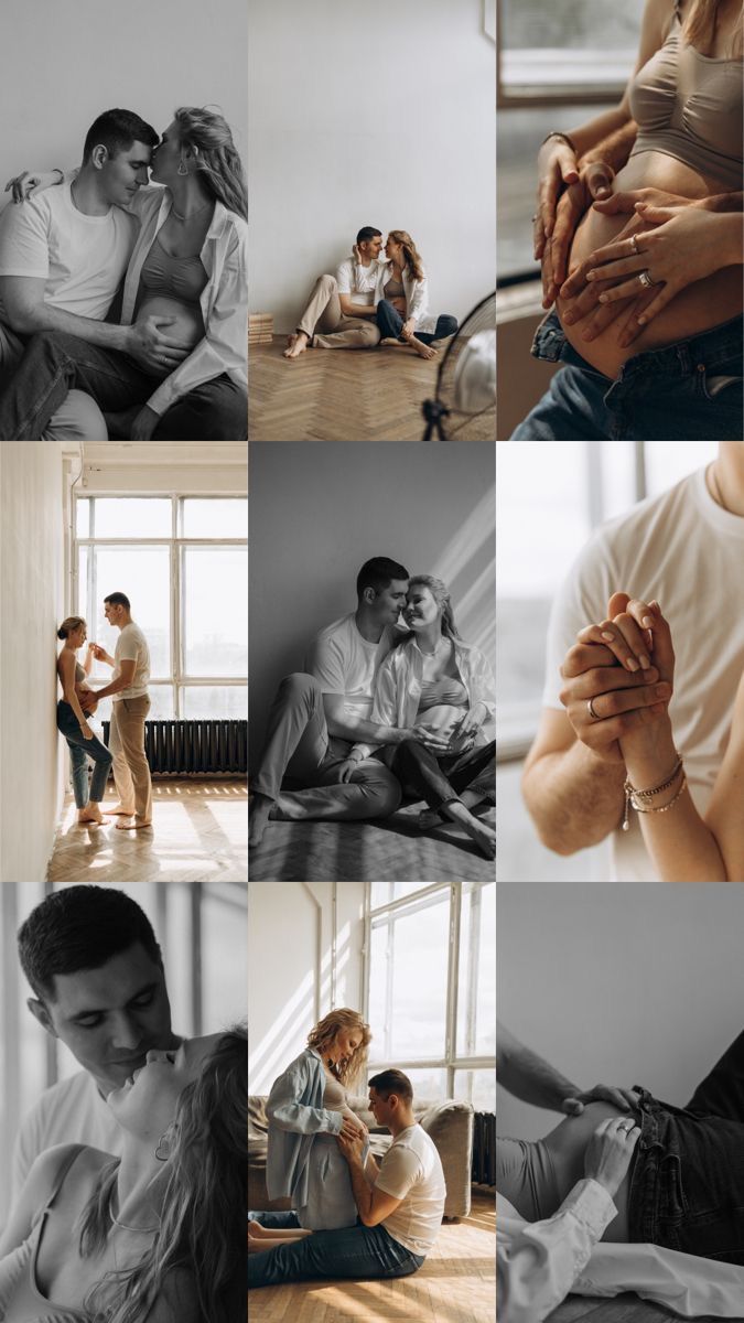 a collage of people sitting and standing around each other in different positions, with one woman holding the man's hand