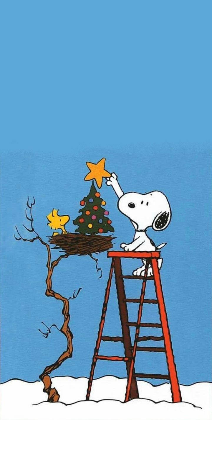 a snoopy christmas tree on top of a ladder with stars in the sky above it