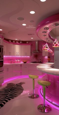 a kitchen with pink lighting and zebra print flooring