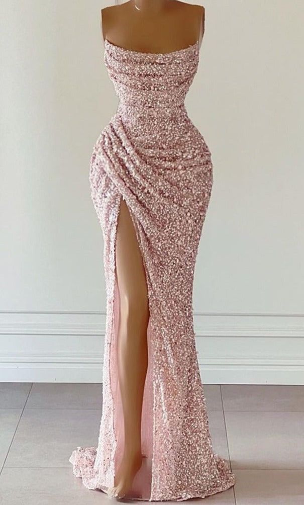 Gorgeous Pink Sequined Sleeveless Prom Dress With Slit Sequin Prom Dresses Long, Prom Dresses Elegant, Prom Dresses Long Mermaid, Mermaid Prom Dress, Stunning Prom Dresses, Dress With Pleats, Pink Square, Dresses Formal Elegant, Sequin Prom Dress