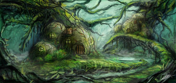 an image of a fantasy forest with trees and houses