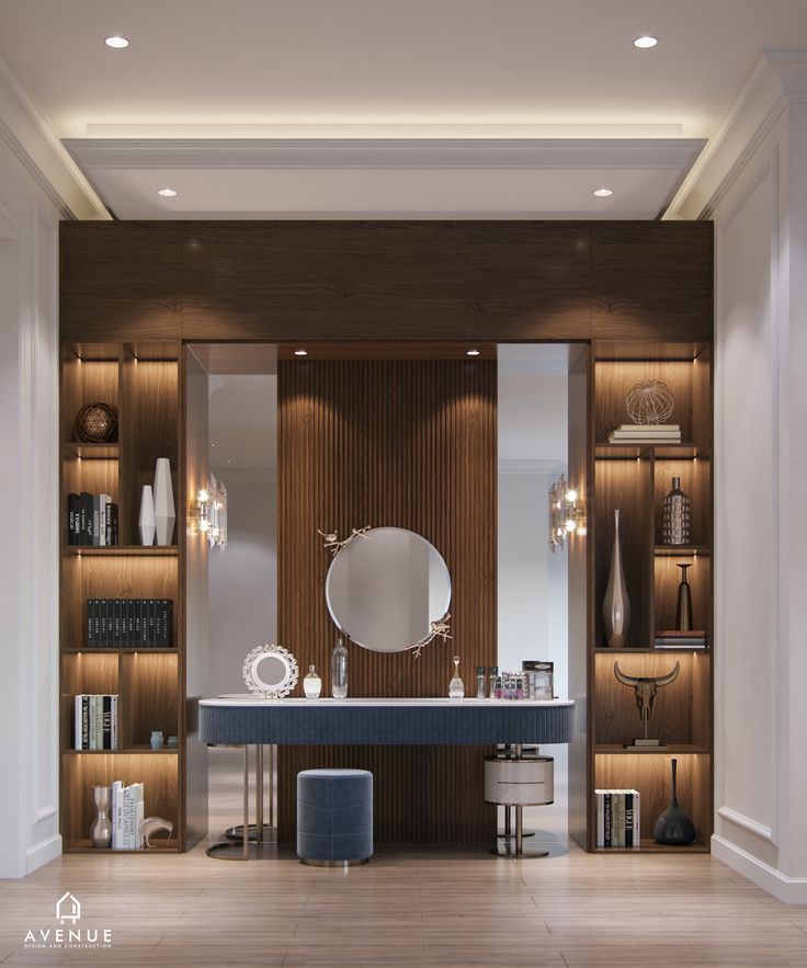 an elegant bathroom with wooden walls and shelvings on the wall, along with a round mirror