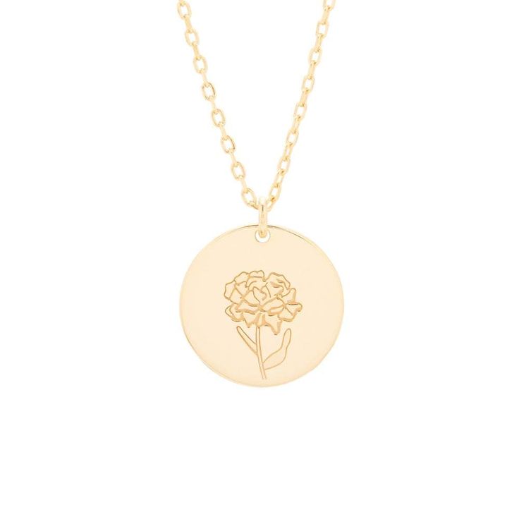 The Gold January Carnation Flower Pendant is a great gift to celebrate a birth month with a symbolic  wearable flower pendant.  The Carnation symbolizes admiration  love and distinction.  Treat yourself to this meaningful pendant or gift it to celebrate a special woman in your life. January Flower, January Carnation, Flower Carnation, January Birth Flower, January Birth Flowers, Lehenga Red, Engraved Flower, Family Tree Necklace, Birthday Jewelry