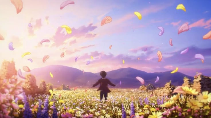 a person standing in the middle of a field with lots of flowers and flying kites