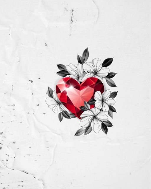 a red heart surrounded by flowers and leaves on a white background with space for text