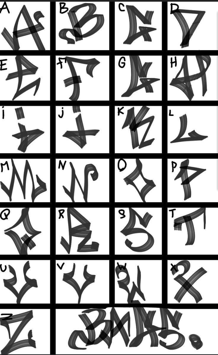 the alphabets and numbers are drawn in black ink on white paper, each with different letters