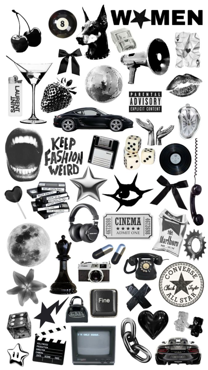 an image of various items that are in black and white