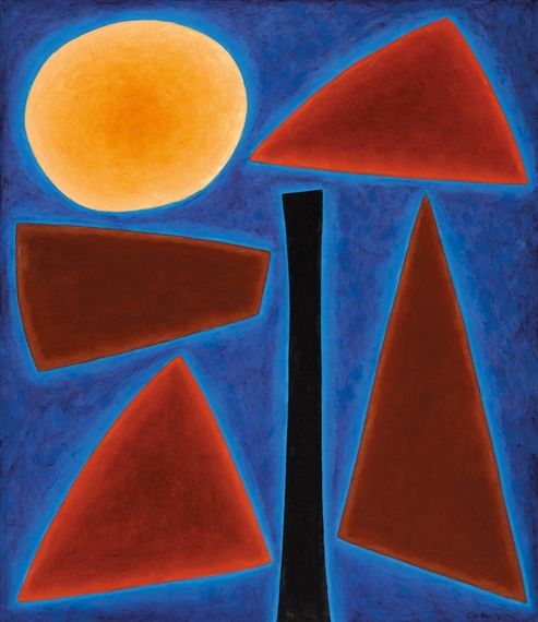 an abstract painting with red, orange and blue shapes against a dark blue sky background