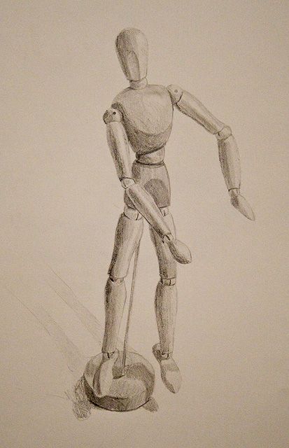 a pencil drawing of a man standing on a stool with his arms outstretched and legs spread out