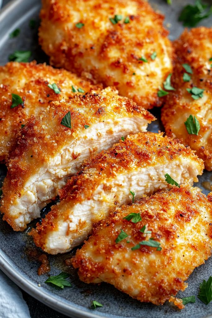 several pieces of chicken on a plate with parsley sprinkled on top and seasoning