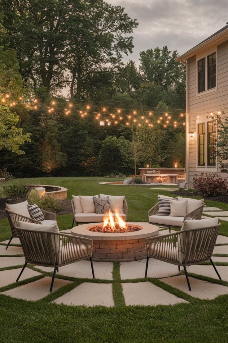 an outdoor fire pit surrounded by lawn furniture and string lights in the evening with patio seating around it