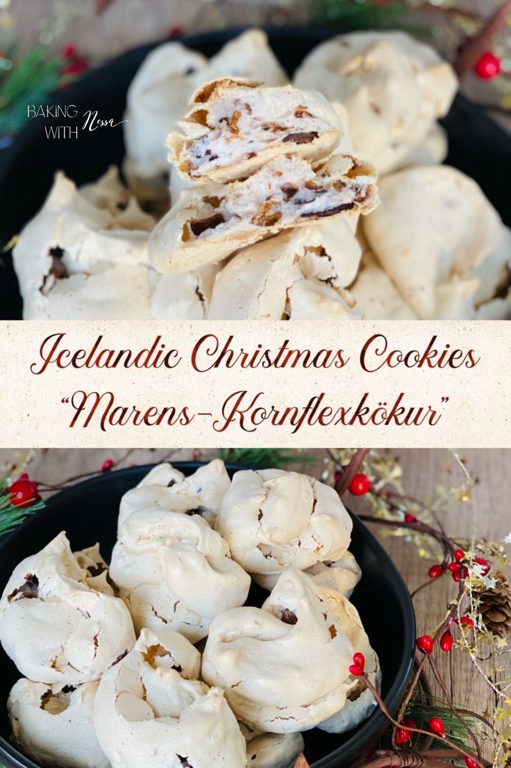 homemade christmas cookies in a black bowl on a wooden table with holly branches and berries