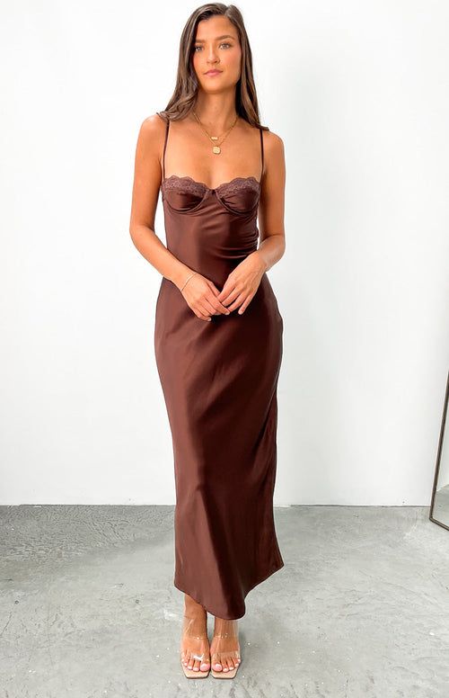 Brown Satin Slip Dress, Brown Cocktail Dress Outfit, Chocolate Brown Dress Formal, Fall Ball Dresses, Brown Silk Dress Outfit, Brown Slip Dress Outfit, Brown Dress Outfit Formal, Satin Brown Dress, Brown Formal Dress