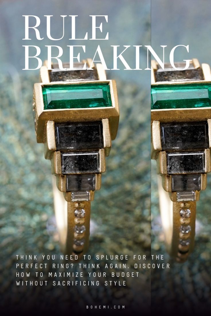 two gold rings with emeralds and diamonds on them are featured in an ad for jewelry