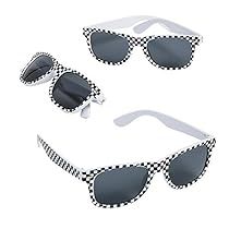 three pairs of sunglasses with black and white checkered frames