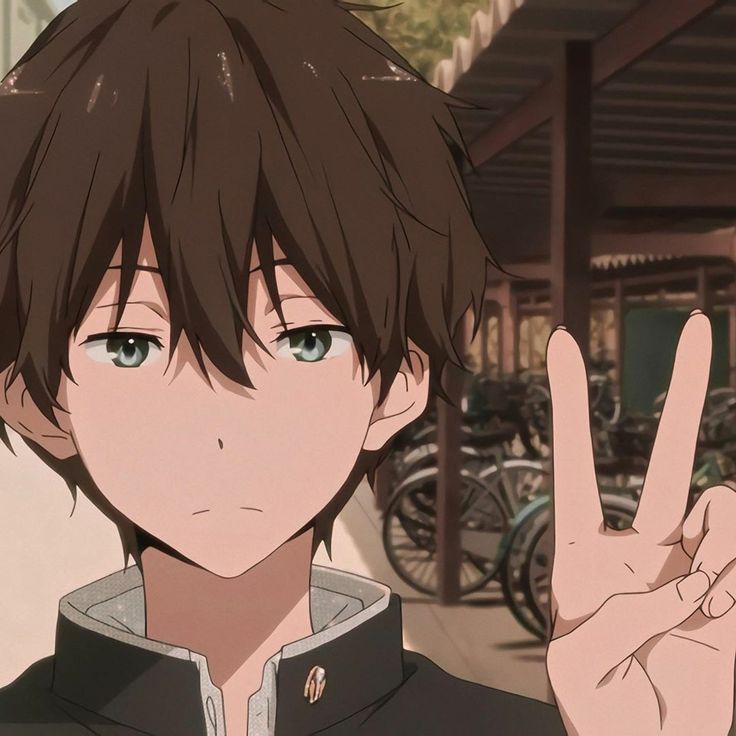 an anime character making the peace sign with his hand