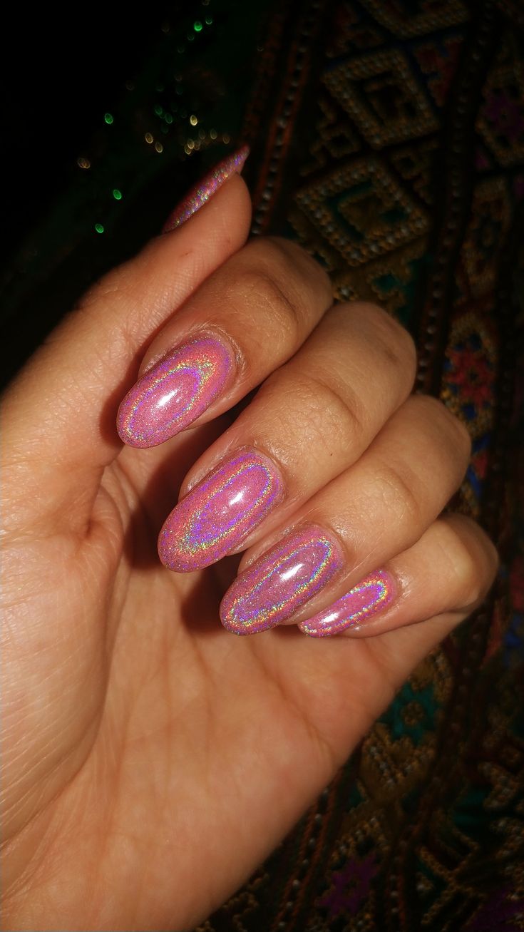 Sparkly Barbie Pink Nails, Pink Chrome And Sparkle Nails, Hot Pink Shiny Nails, Hot Pink Velvet Nails, Sparkly Holographic Nails, Holo Pink Nails, Glitter Hot Pink Nails, Pink Glitter Chrome Nails, Hot Pink Iridescent Nails