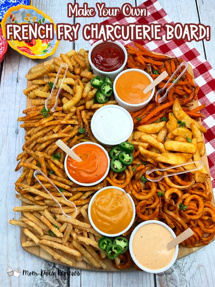 french fry with sauces and dipping sauces on a wooden board for an advertisement