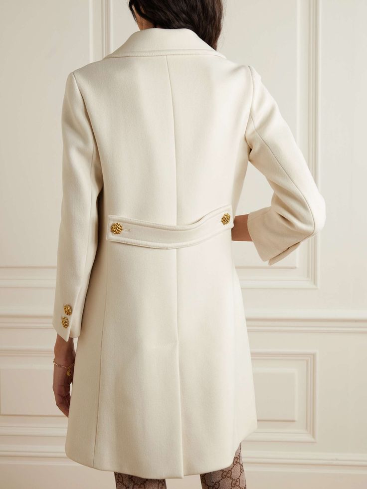 GUCCI Button-embellished wool coat Gucci Notch Lapel Outerwear With Double Button, Chic Gucci Notch Lapel Blazer, Chic Gucci Blazer With Notch Lapel, Gucci Cream Winter Outerwear, Gucci Long Sleeve Cream Outerwear, Luxury Gucci Cream Outerwear, Luxury Cream Gucci Outerwear, Luxury Double-breasted Wedding Outerwear, Classic Gucci Double-breasted Blazer