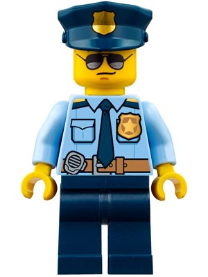 a lego police man wearing sunglasses and a blue shirt with a tie on his neck