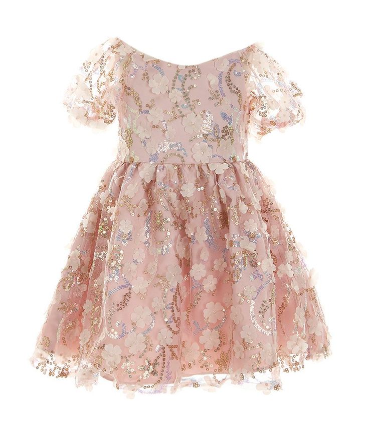 Rare Editions Little Girls 2T-6X Puffed Sleeve Sequin-Embellished Floral-Soutache Fit & Flare Dress | Dillard's Spring Embellished Short Sleeve Sequin Dress, Spring Embellished Sequin Dress With Short Sleeves, Elegant Floral Embroidered Dress For Pageants, Elegant Dresses With Floral Embroidery For Pageant, Spring Festive Short Sleeve Sequin Dress, Spring Festive Sequin Dress With Short Sleeves, Floral Applique Dress For Spring Pageant, Holiday Embellished Sequin Dress For Dress-up, Spring Sequin Dress For Pageant